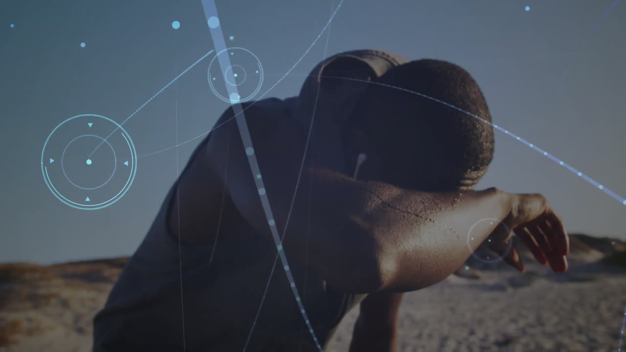 Male athlete leaning forward on sandy ground showing digital lines and nodes for sports technology
