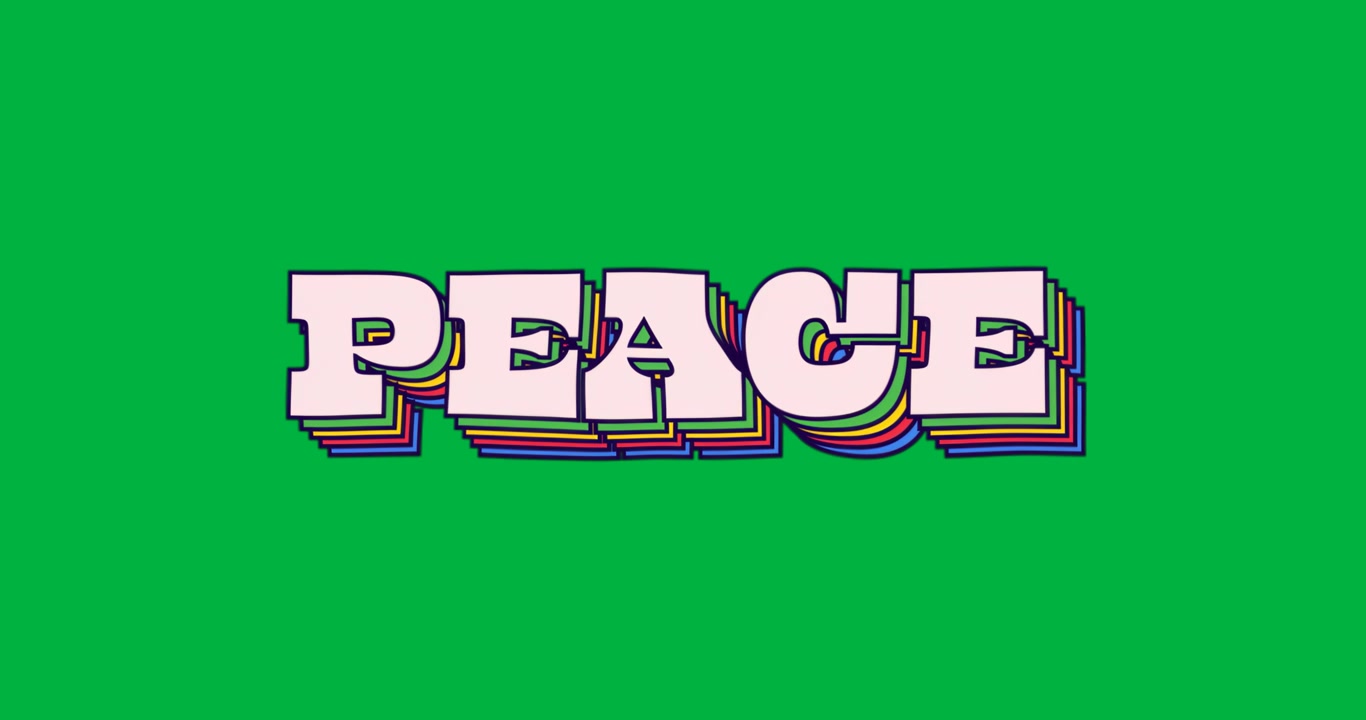 Grafiske designere ser på gennemsigtig baggrund, viser retro 'PEACE'-tekst med lagdelte skygger