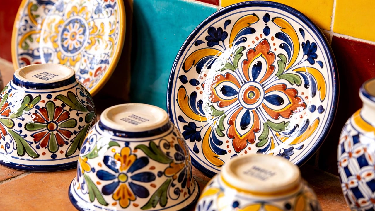 Panning camera focusing on hand-painted bowls and floral plate on tiled counter, showing glaze