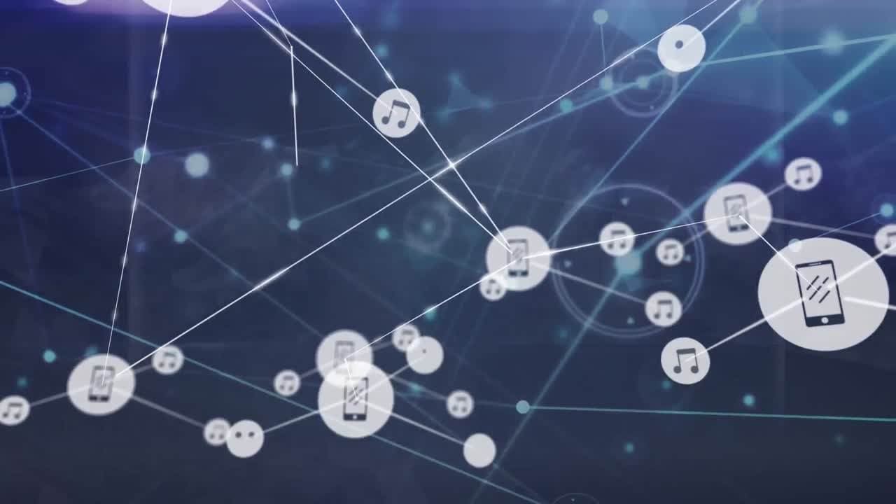 선으로 연결되고 추상적인 배경에서 움직이는 점과 함께 전화 및 음악 아이콘의 애니메이션