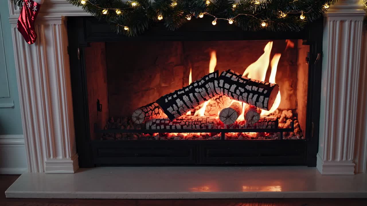 Cozy fireplace with burning logs, captured from a straight-on angle