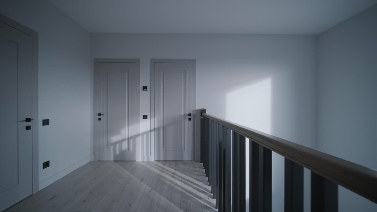 un elegante pasillo débilmente iluminado con artísticas luces colgantes, pisos de madera y puertas blancas crea una atmósfera serena y sofisticada