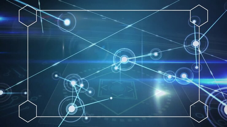 Animating network connections and data processing on blue digital interface background