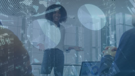 animation of financial data and graphs over african american businesswoman making presentation
