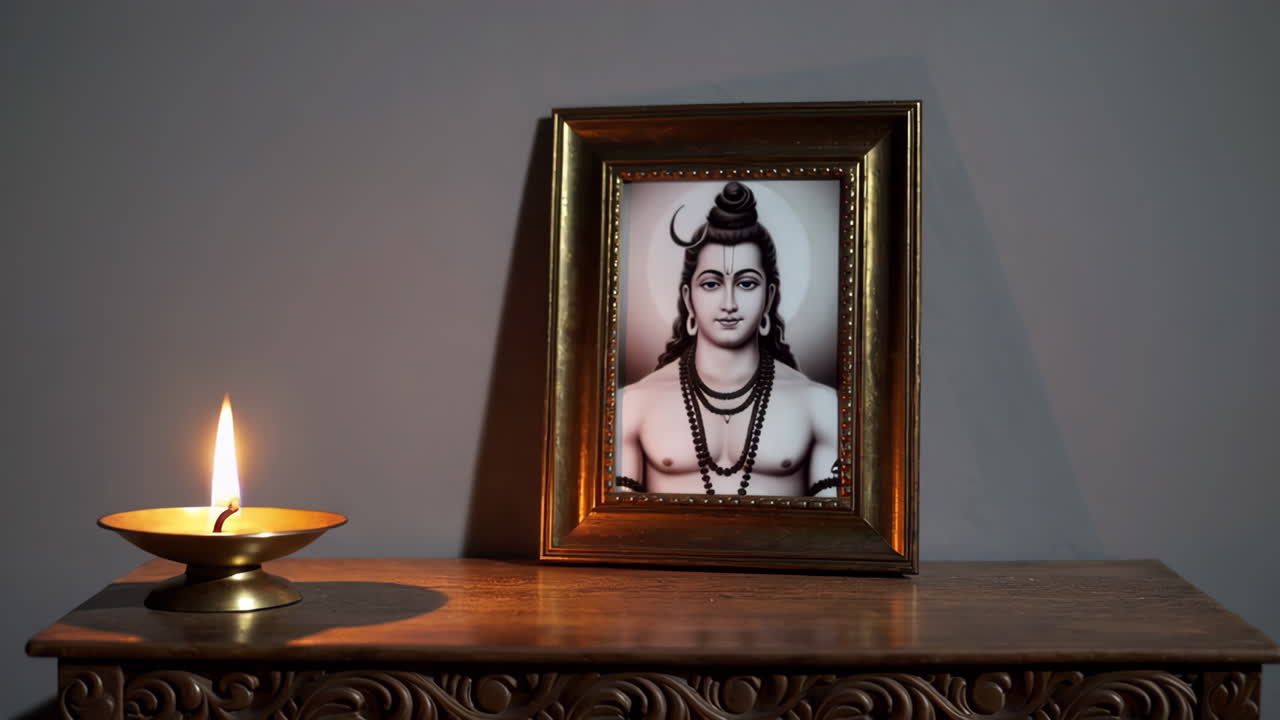 Hindu Deity Shiva Portrait with Oil Lamp