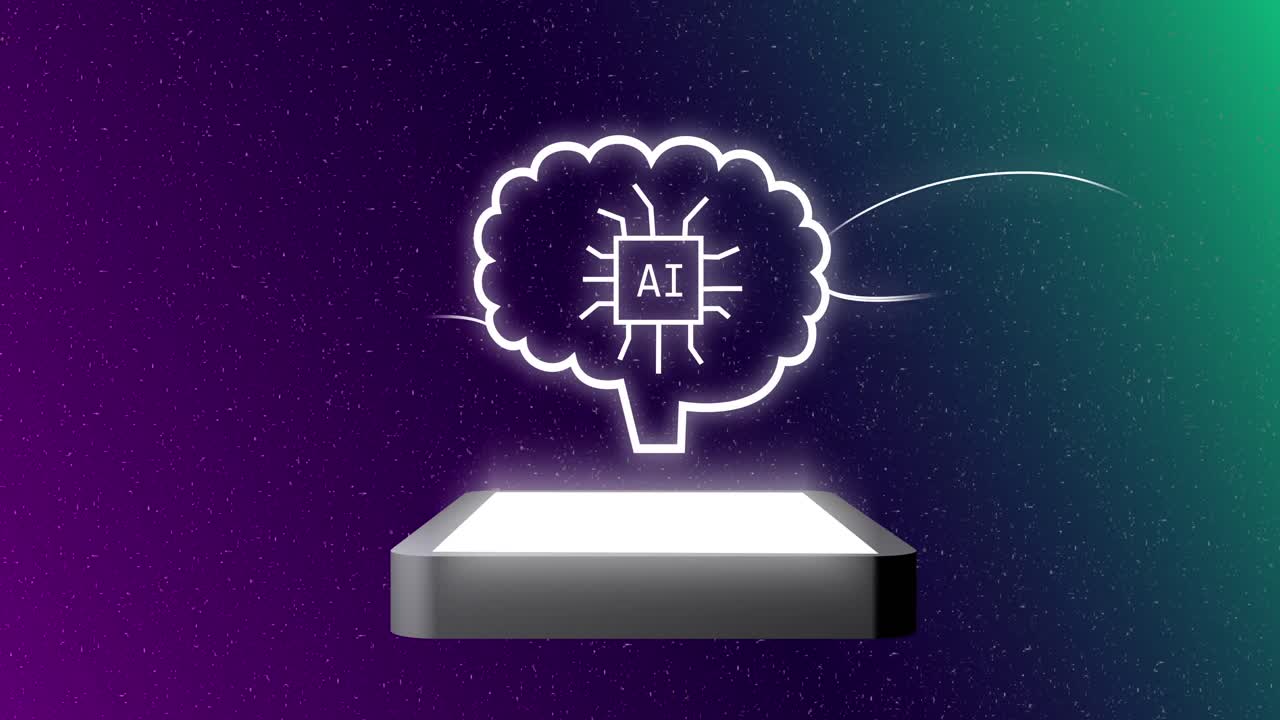 Animation of tablet screen with digital brain with ai text
