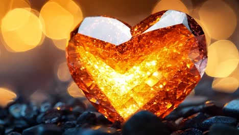 a heart made of glass is lit up with a warm orange glow. the heart is surrounded by a rocky, dark background. concept of warmth and love, as the heart is lit up and glowing