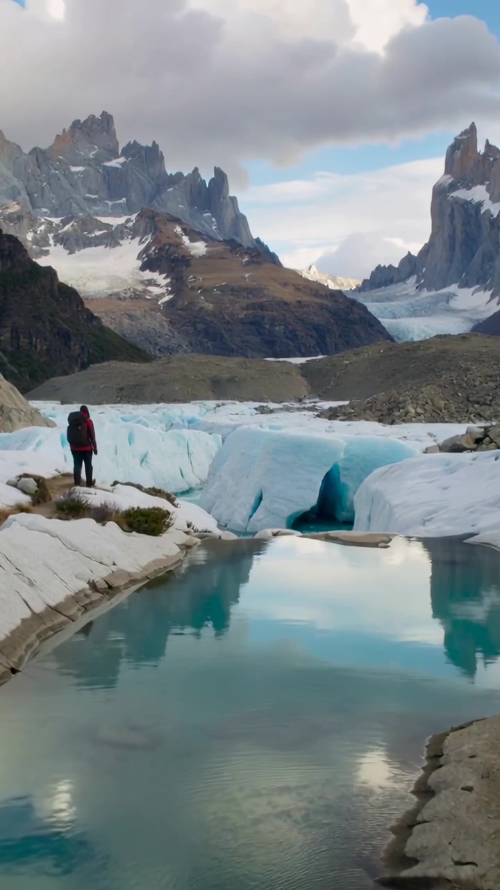Video verticale: Salendo su una roccia, un escursionista in rosso con zaino si avvicina a un ghiacciaio, vedendo una pozza, con spazio per il testo.