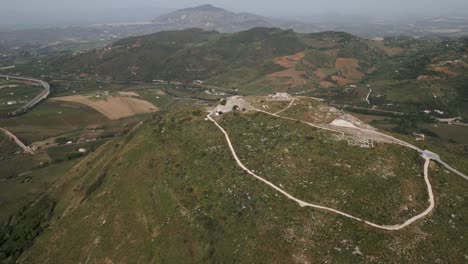 Aerial-of-Archaeological-Park-of-Segesta-ruins-in-Sicily-,-Italy