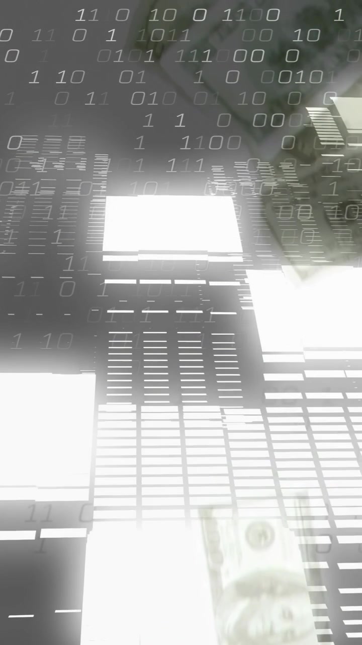 Vertical video: Slatted light grid pulsing binary overlay appearing notes drifting showing finance