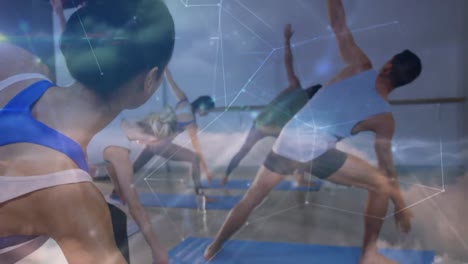 animation of data processing over group practicing yoga, meditating