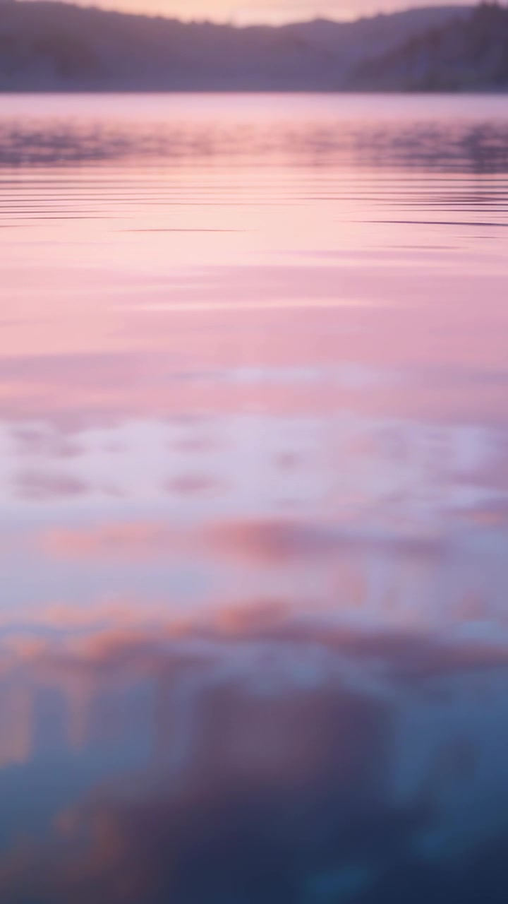 Vertical video: Rippling lake surface reflecting pastel sunset sky, breeze creating gentle ripples