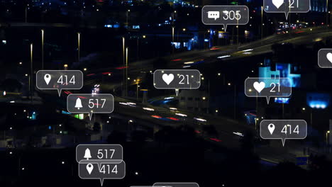 animación de iconos de las redes sociales con un número creciente sobre los coches en la calle
