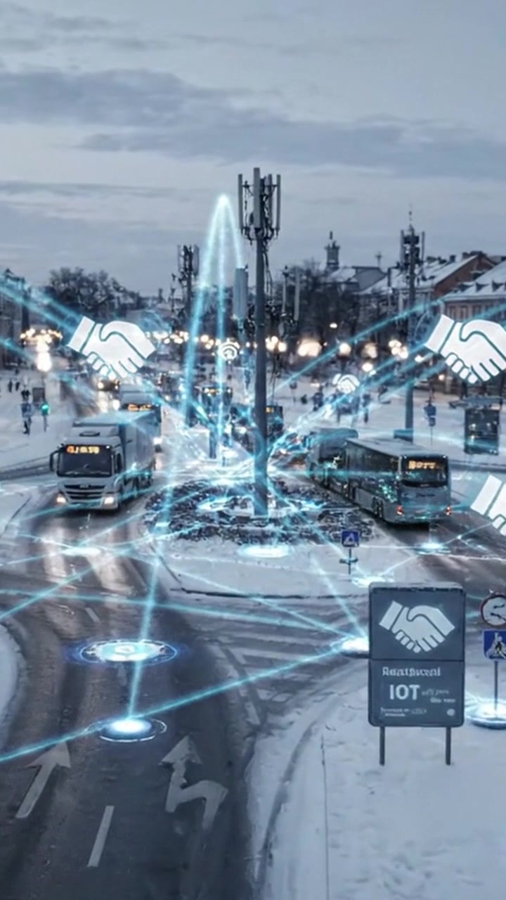 Un incrocio urbano innevato di sera, che mostra le dinamiche del traffico e la connettività digitale con elementi visivi che rappresentano tecnologia e comunicazione.
