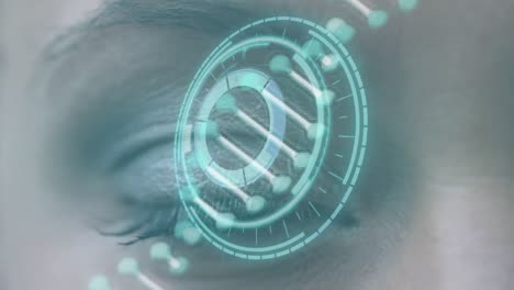 animation of dna strand and scope scanning over eye of caucasian woman