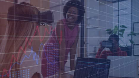 animation of financial data processing over diverse colleagues discussing work in office