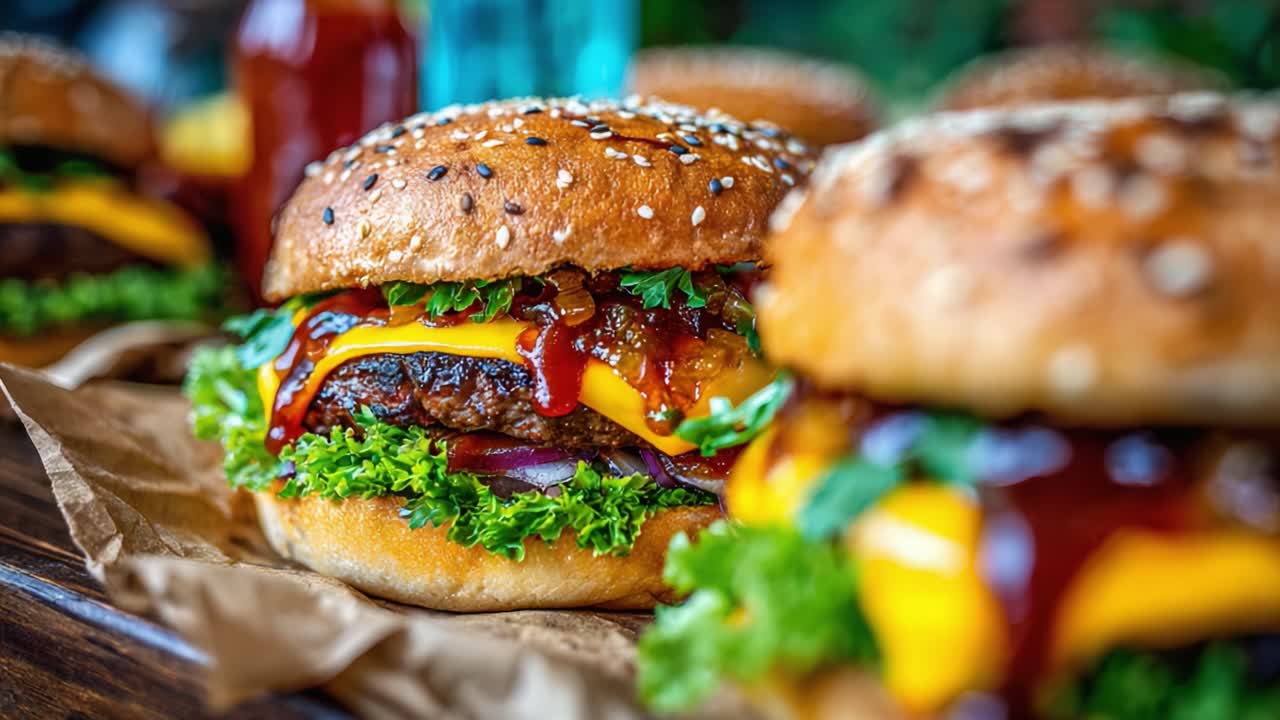 Delicious Gourmet Burgers Featuring Fresh Ingredients, Juicy Patties, and Tasty Condiments Ready to Satisfy Your Taste Buds in a Colorful Display