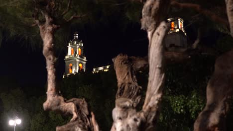 Vista-Nocturna-De-La-Catedral-De-San-Ildefonso,-Merida,-Yacatan,-Mexico,-Disparada-A-Traves-De-Un-Pino-En-La-Gran-Plaza