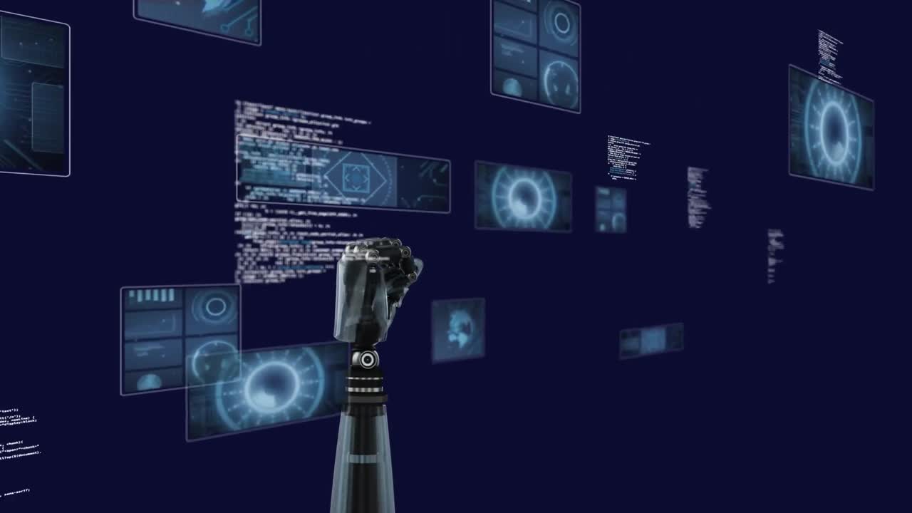 animación de la mano de los robots, escaneado de visores y procesamiento de datos sobre pantallas con fondo oscuro