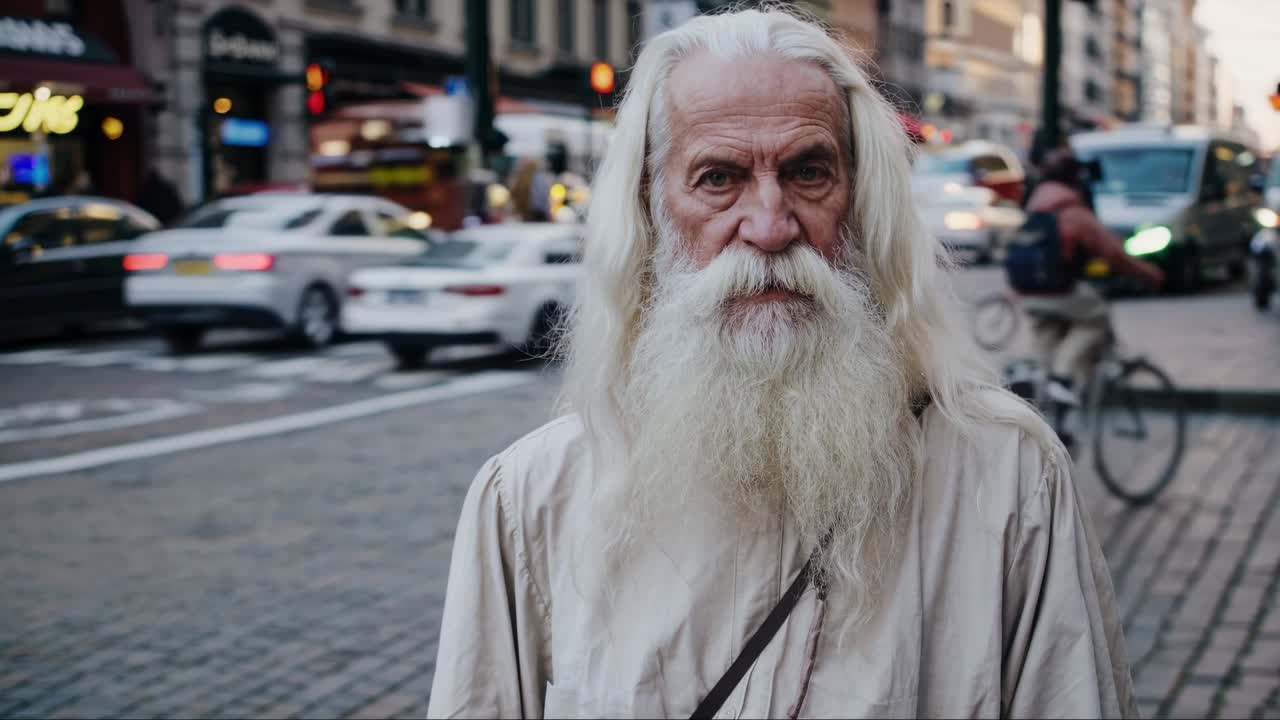 Elderly man with long white hair and beard observing the bustling city street, creating a striking contrast between his serene presence and urban chaos