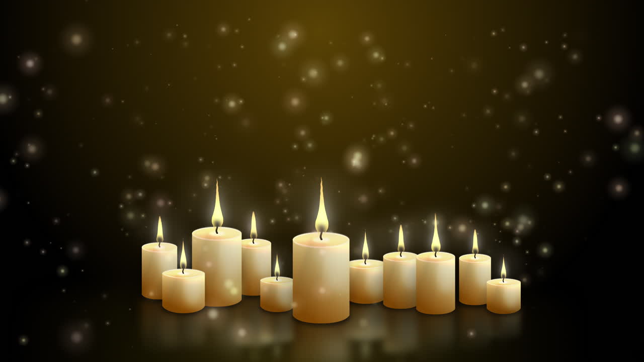 Candles with flames. Group of paraffin candles on table with reflection. Dark yellow background with glowing blurred particles. Looped animation.