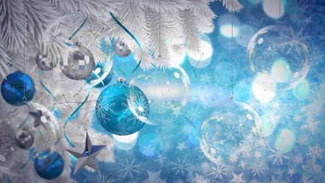 Animation-of-shapes-over-christmas-decorations-on-blue-background