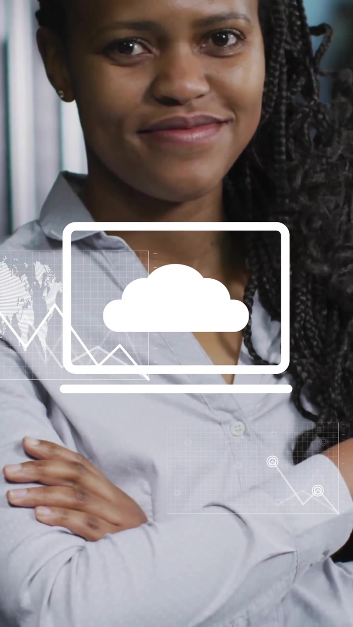 Animation of data processing and diagrams over african american female worker in server room