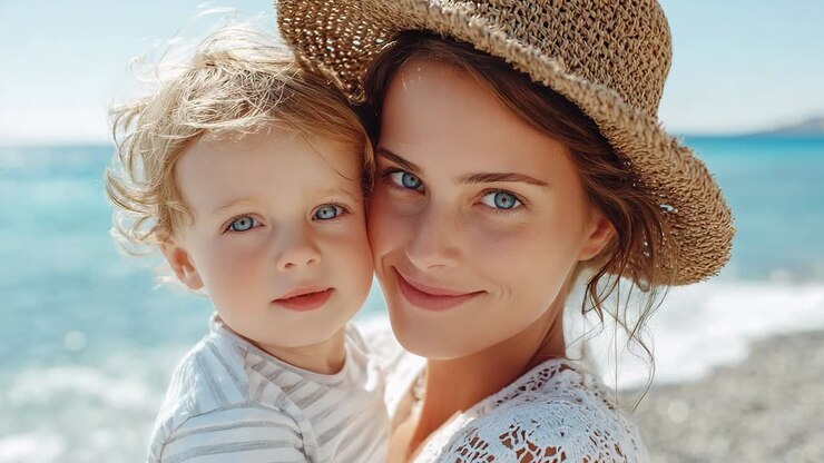 Mutter und Kind genießen einen sonnigen Tag am Strand
