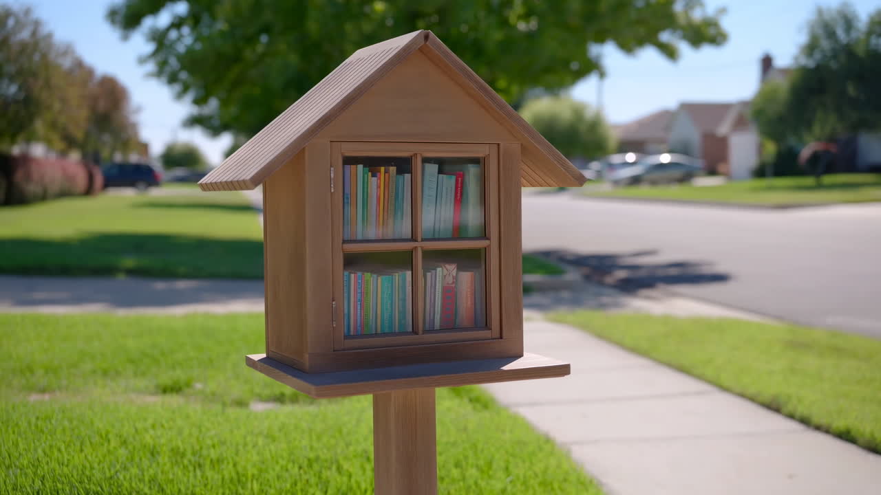 Suburban Front Yard Little Free Library Box Sunlit Wooden Cabinet Filled With Colorful Books On Post