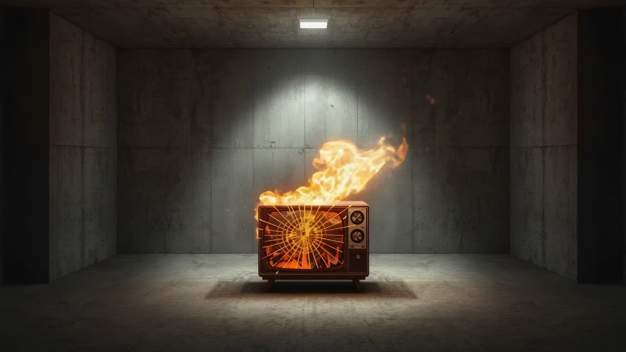 Televisore CRT retro che scintilla, emettendo fiamme da un bagliore interno in una stanza di cemento, con lo schermo frantumato che si illumina.