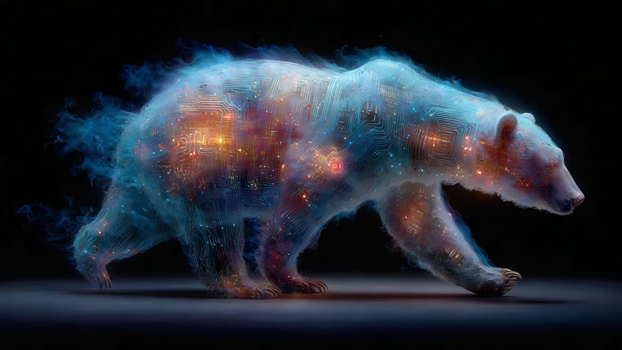 A Futuristic Glimpse of a Bear Embellished with Luminous Circuit Designs, Merging Nature with Technology in an Ethereal Atmosphere
