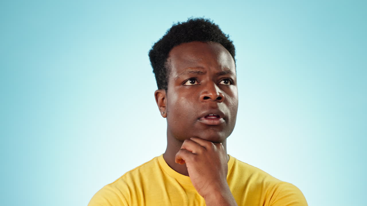Thinking, doubt and black man with solution