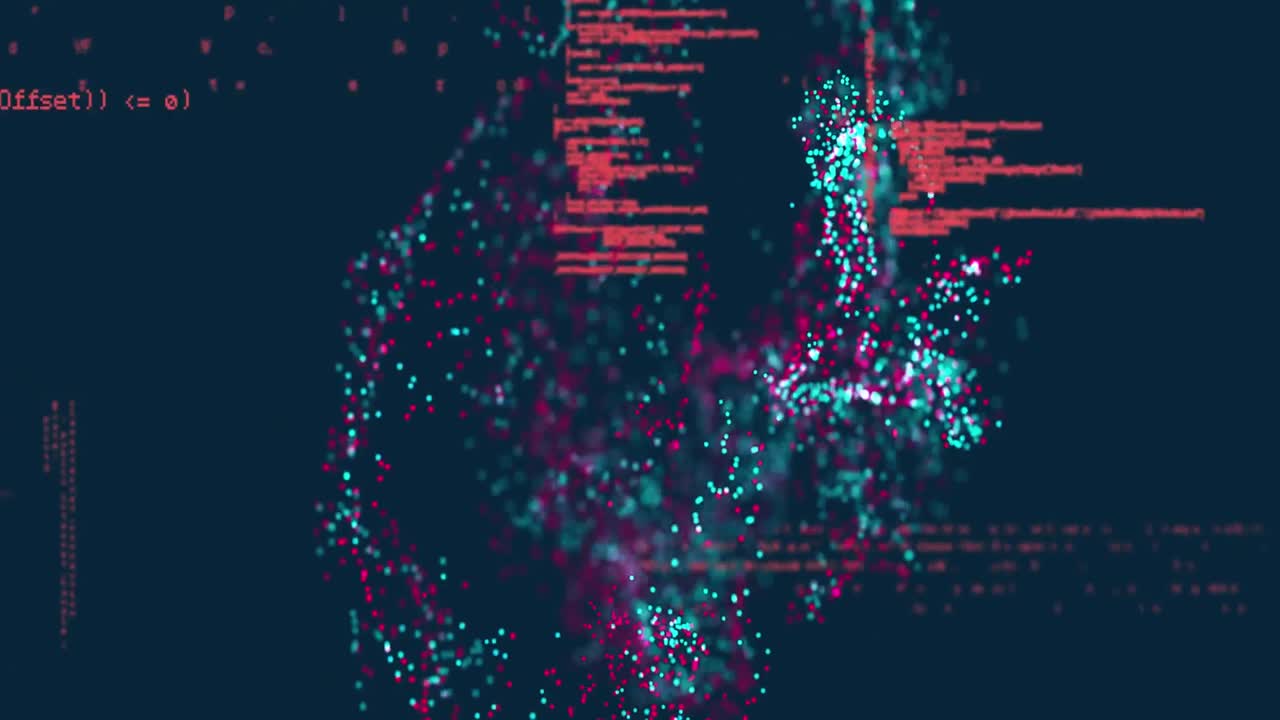 Animation of spiral patterns over computer language against black background