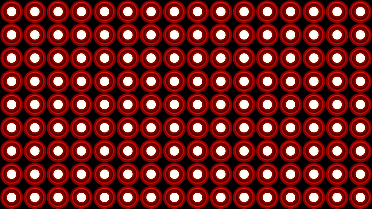 Luci lampeggianti, motivo a lampadine rotonde su parete, rotazione verticale, sfondo rosso, loop VJ