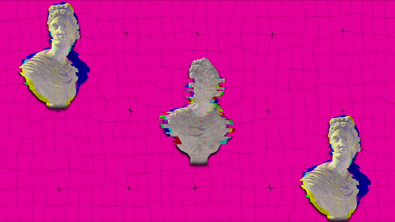 animación de tres antiguas esculturas de busto girando con un error en fondo rosa.