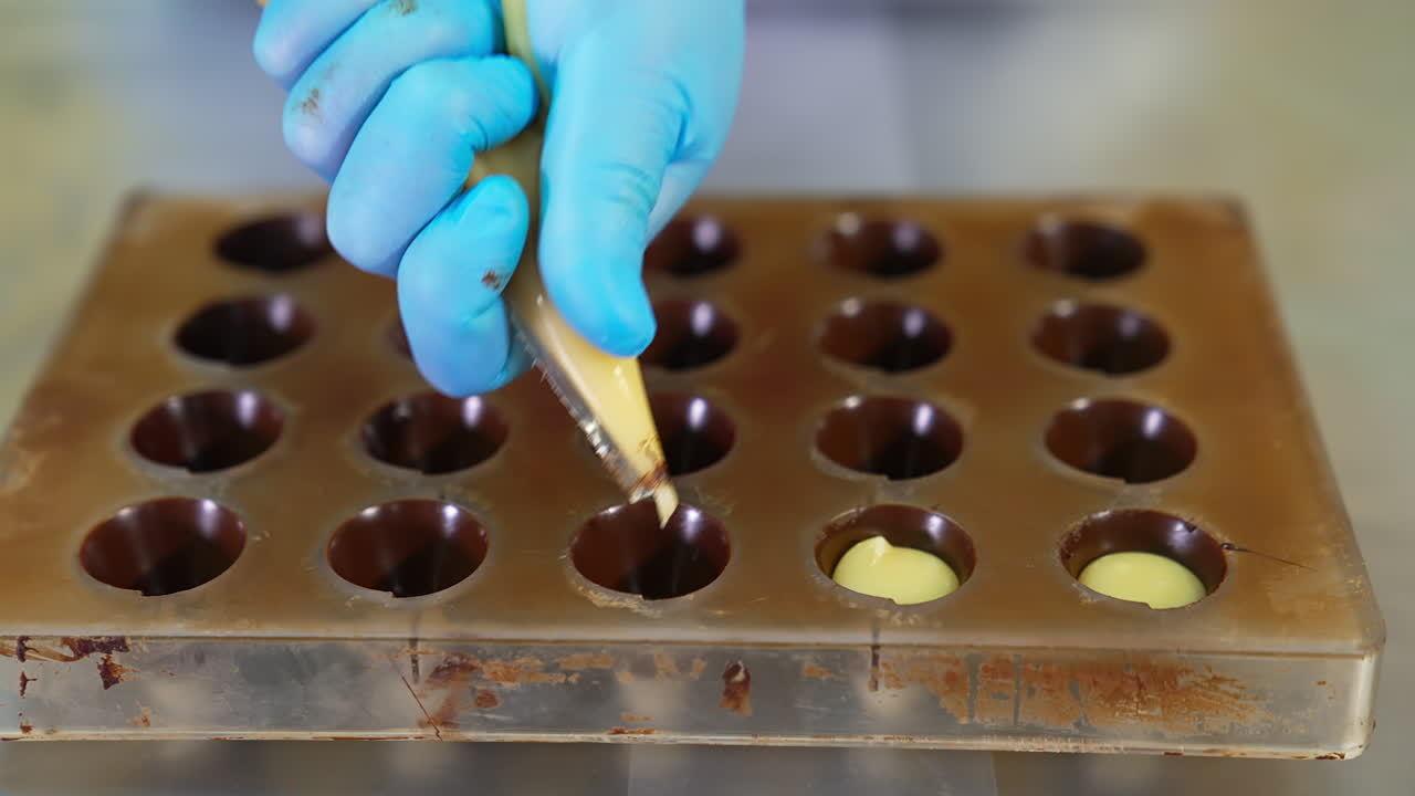 Filling molds covered in chocolate with white creamy staffing from pastry bag. Producing handmade chocolate desserts. Close up.