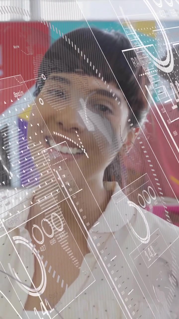Smiling woman in office with digital data processing animation overlay