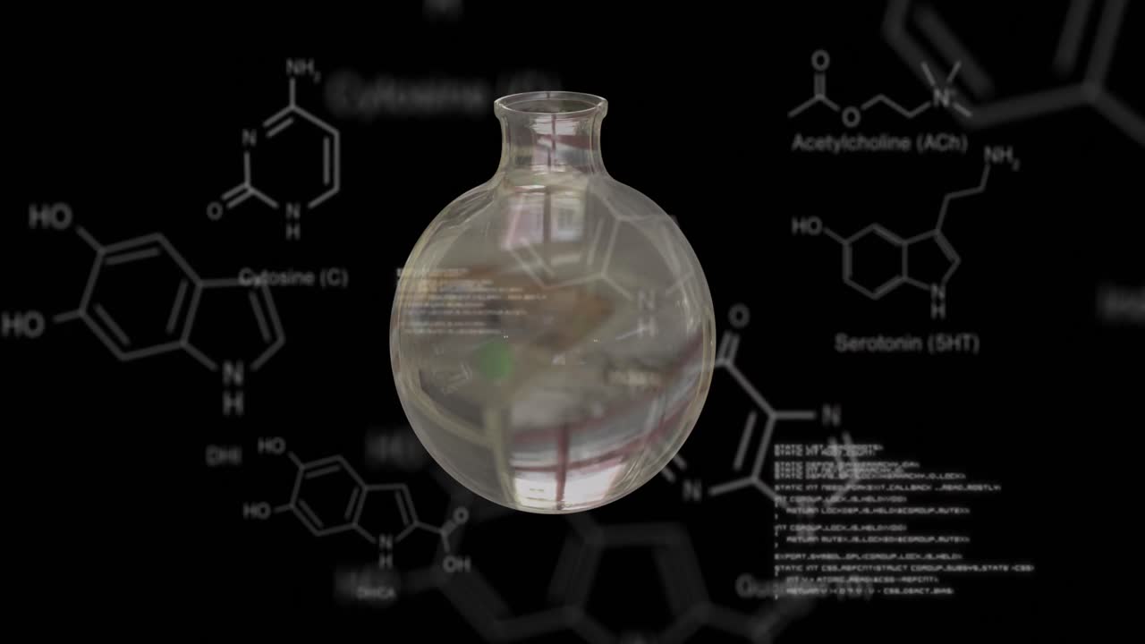 animación del giro del frasco de ensayo, diagramas de cadenas de adn y procesamiento de datos sobre fondo negro