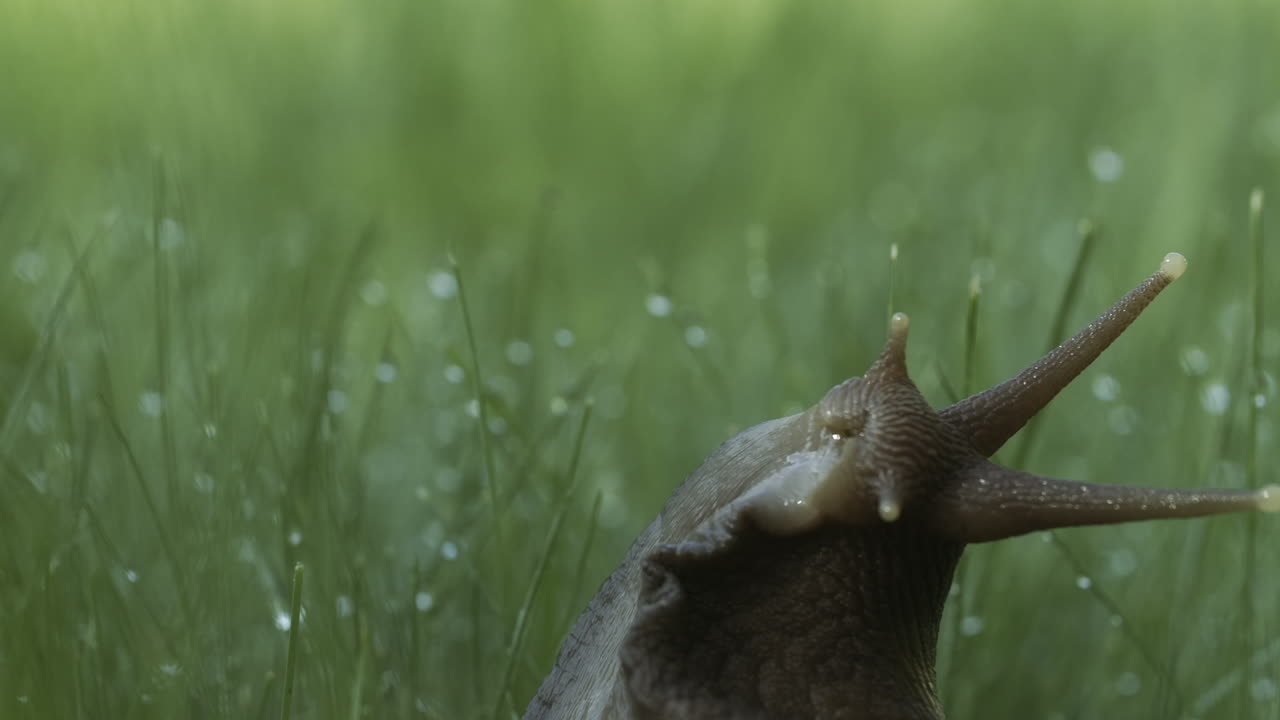caracol en el césped de rocío