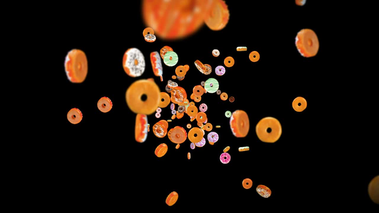 검은 바탕에 많은 다채로운 도을 날아. 도 케이크, 과자, 디저트. 도 회전의 3d 애니메이션. 루프 애니메이션.