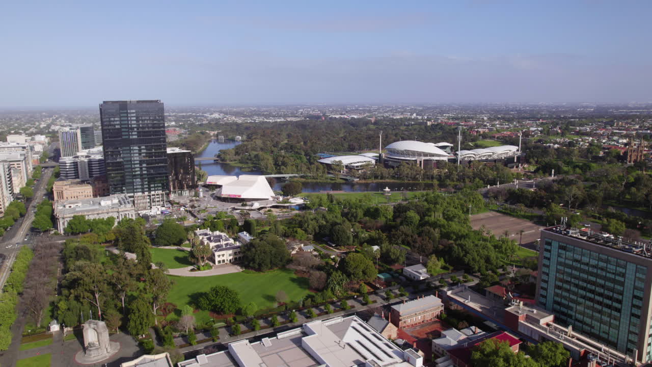 Aerial view over the University of Adelaide, toward the Oval stadium, in Australia
