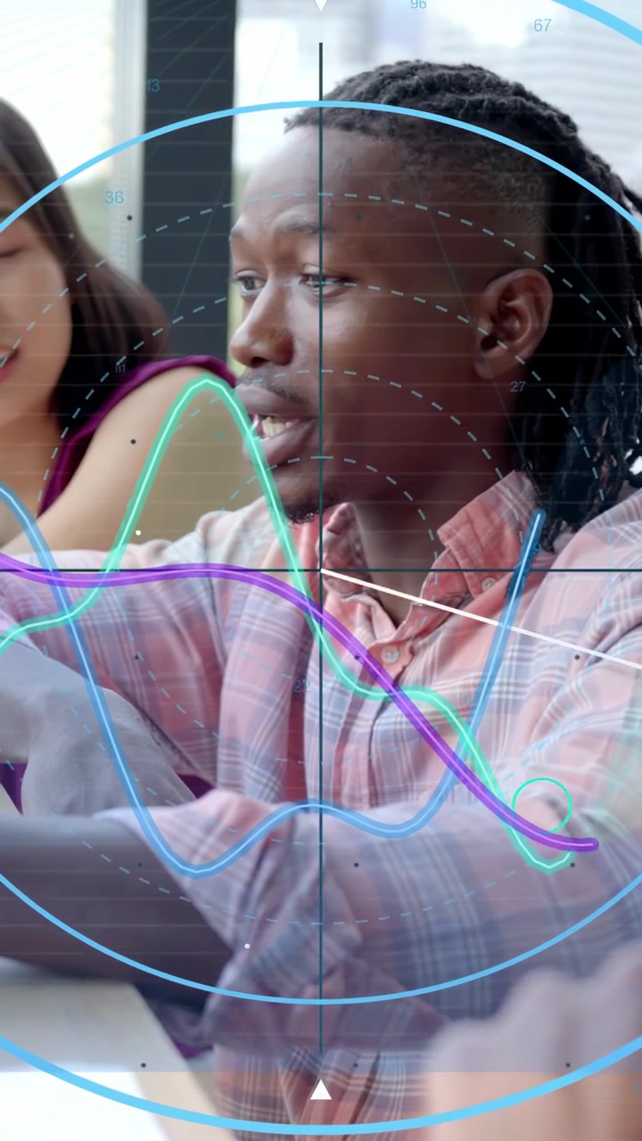 Vertical video: Man gesturing in meeting, driving HUD waves matching hands to show business data