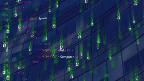 animation of digital programming language and binary numbers moving in loop over modern building