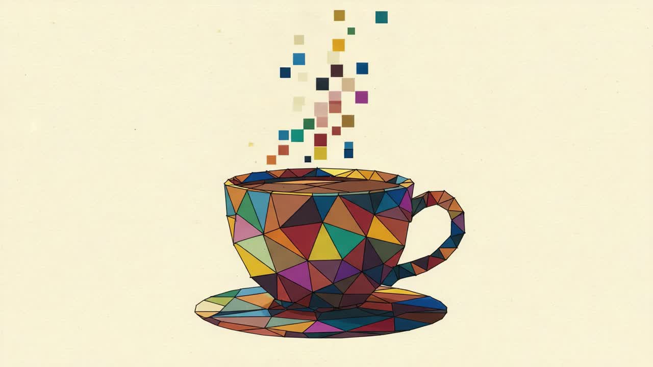 A Vibrant Geometric Coffee Cup Design Emitting Colorful Particles, Capturing the Essence of Modern Art and Creativity in a Playful Visualization of a Classic Beverage