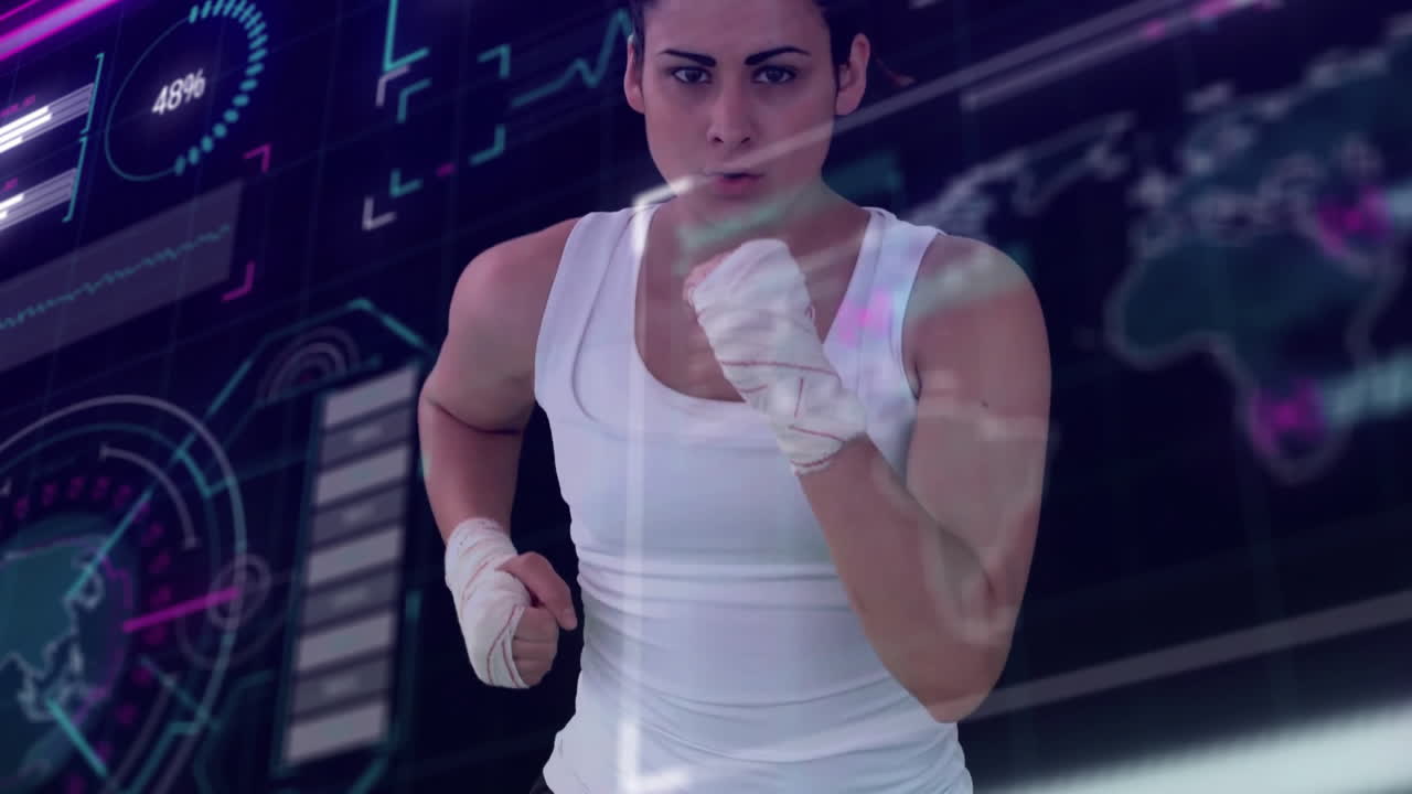 화면의 애니메이션과 데이터 처리가 백인 여성이 달리고 있습니다.