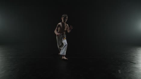 capoeira fighters performing dynamic moves on stage. martial arts, dance, and acrobatics in action. bare-chested athletes showcasing strength, flexibility, and technique under spotlights