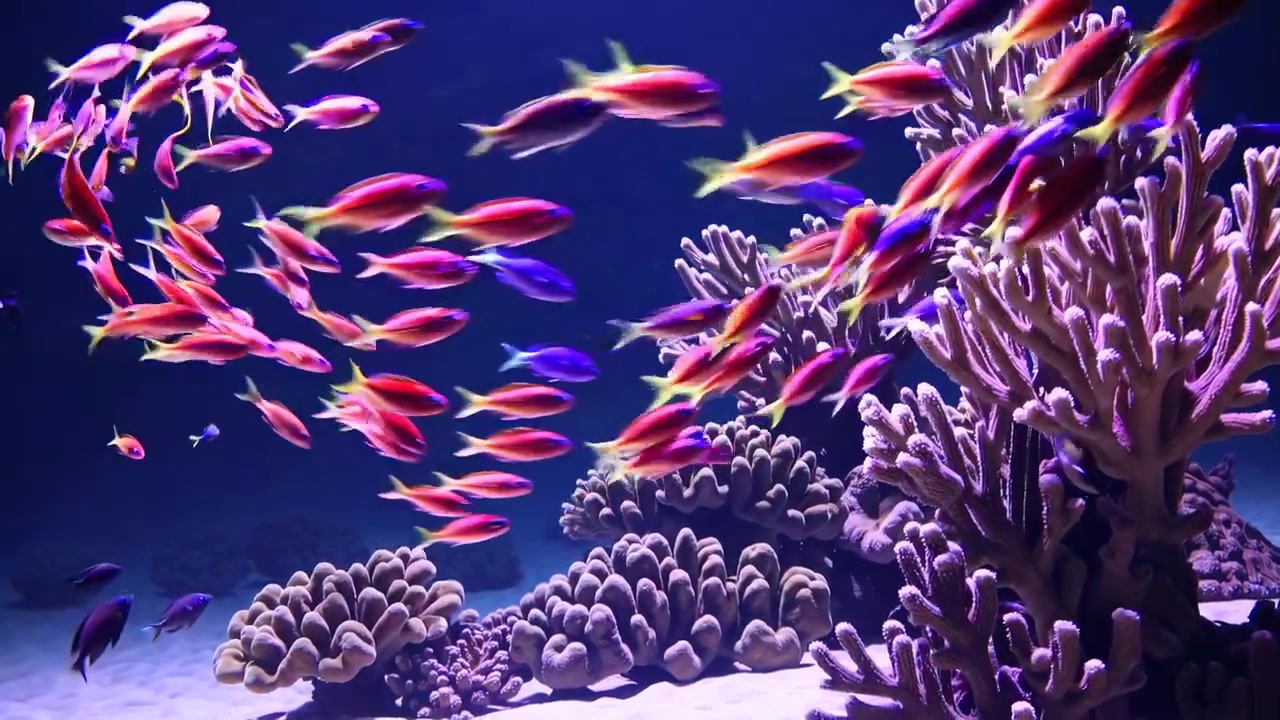Un banco di pesci colorati che nuota tra vivaci barriere coralline.