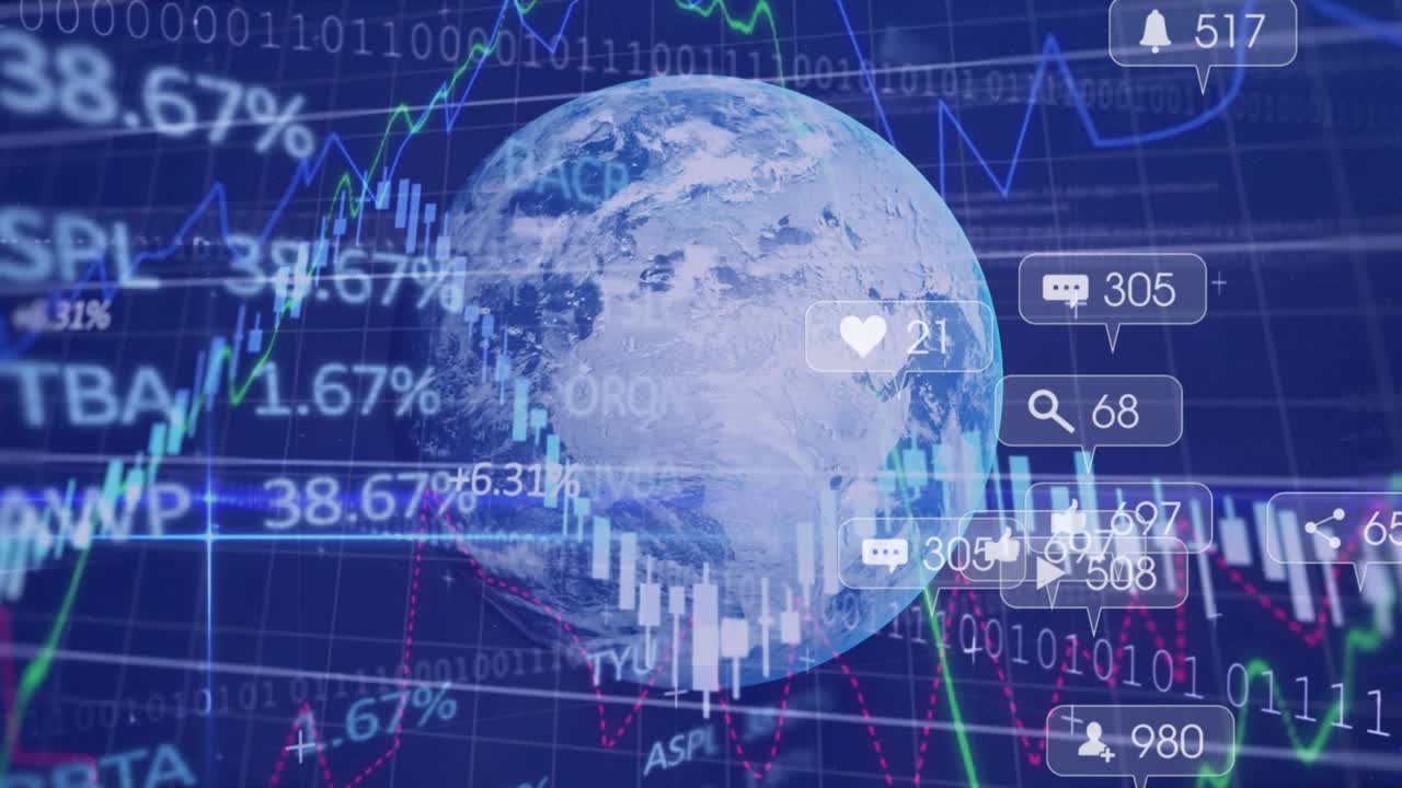 On globe rotating, data streaks sweeping past grid, social icons clustering for global connectivity