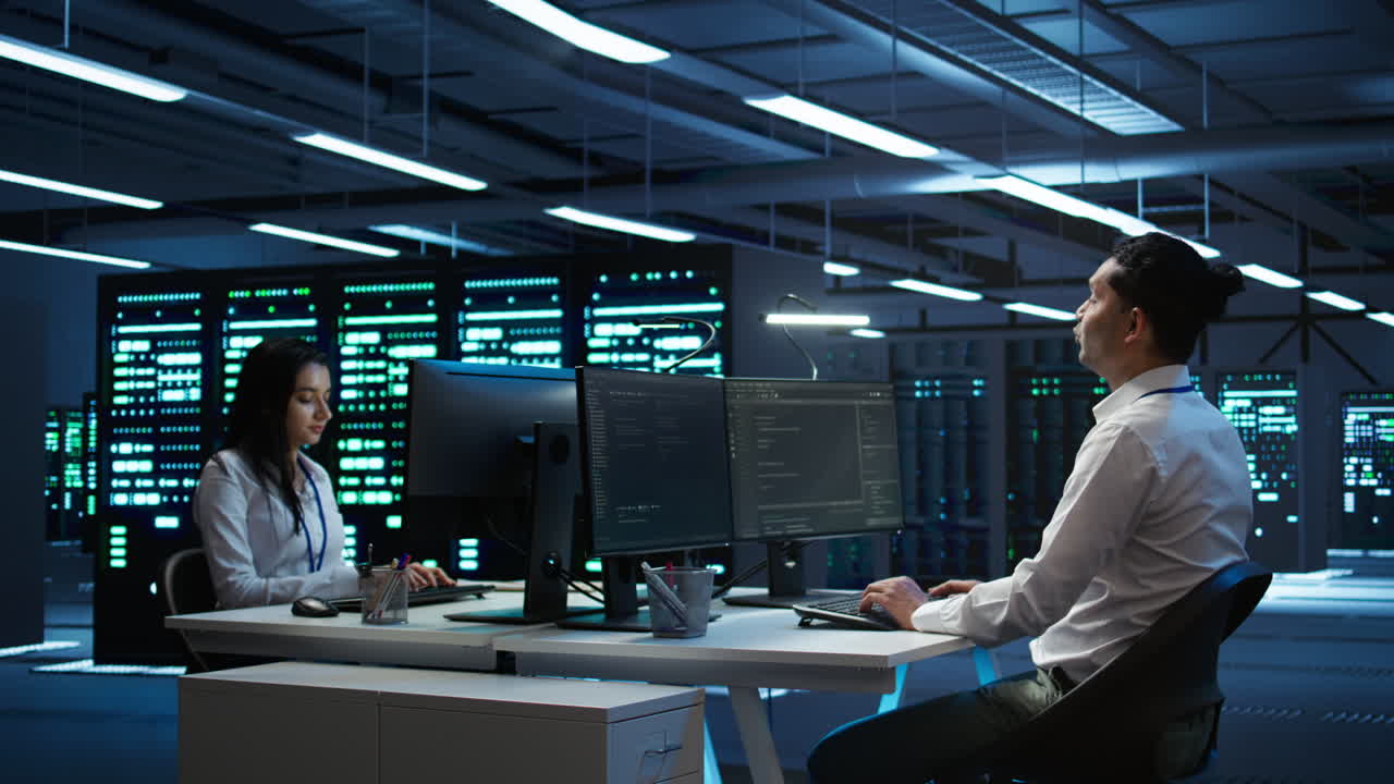 Developer and coworker overseeing data center