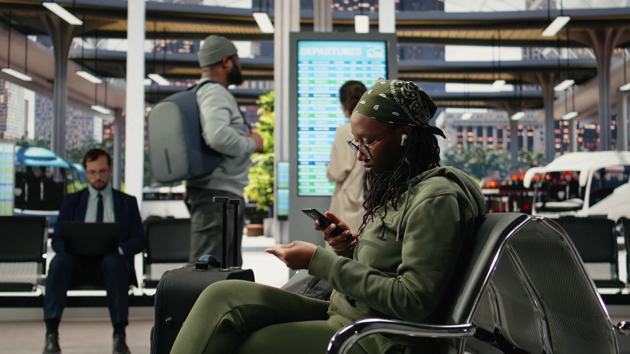 Woman taking photo of bus ticket in shuttle station with phone, listening music